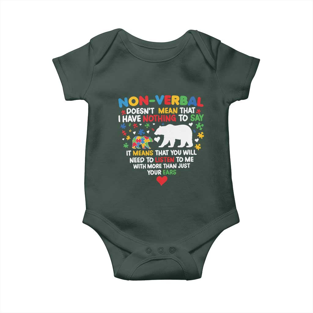 Autism Awareness Baby Onesie Non Verbal Doesn't Mean That I Have Nothing To Say Puzzle Bear TS11 Print Your Wear