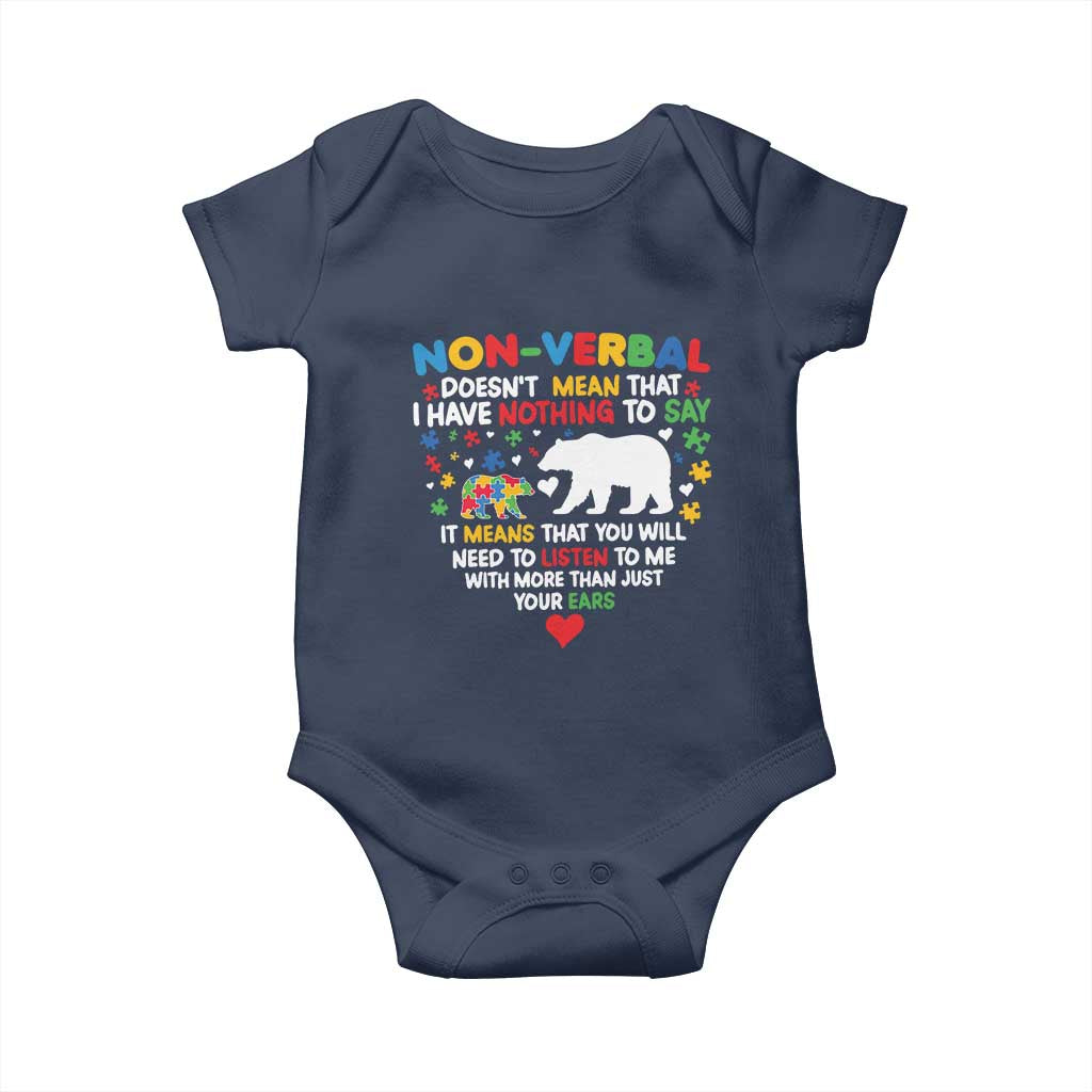 Autism Awareness Baby Onesie Non Verbal Doesn't Mean That I Have Nothing To Say Puzzle Bear TS11 Navy Print Your Wear