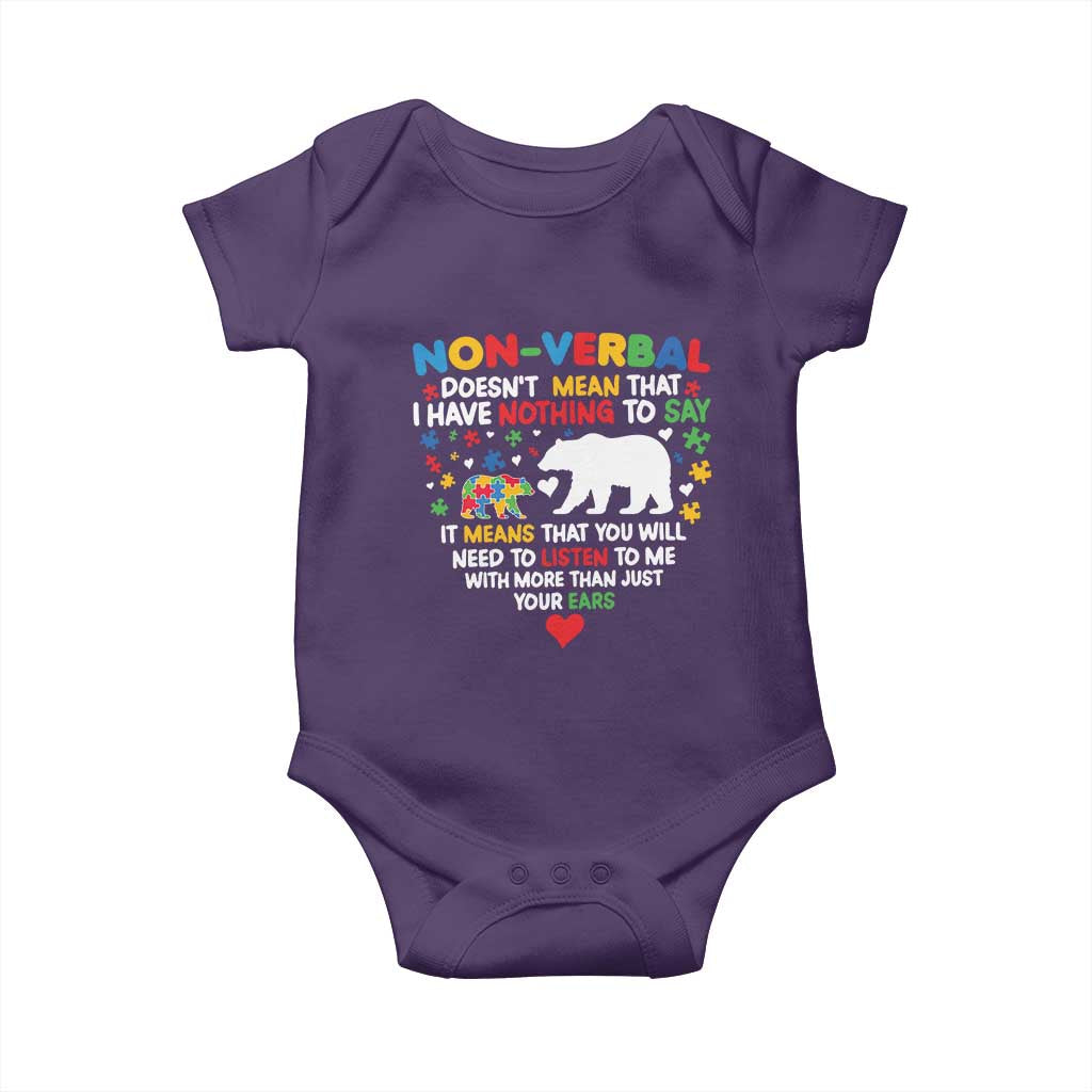 Autism Awareness Baby Onesie Non Verbal Doesn't Mean That I Have Nothing To Say Puzzle Bear TS11 Purple Print Your Wear
