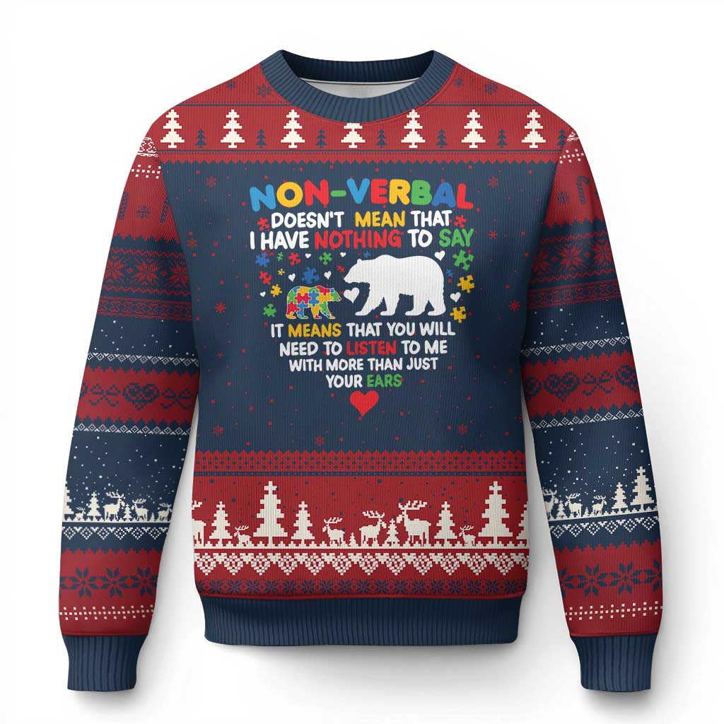 Autism Awareness Ugly Christmas Sweater Non Verbal Doesn't Mean That I Have Nothing To Say Puzzle Bear TS11 Navy Red Print Your Wear