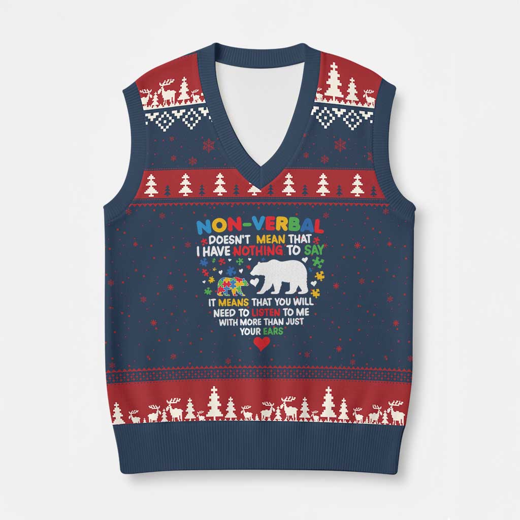 Autism Awareness V-Neck Knit Sweater Vest Non Verbal Doesn't Mean That I Have Nothing To Say Puzzle Bear TS11 Navy Red Print Your Wear