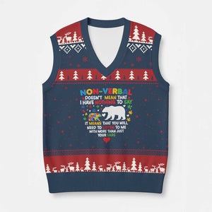 Autism Awareness V-Neck Knit Sweater Vest Non Verbal Doesn't Mean That I Have Nothing To Say Puzzle Bear TS11 Navy Red Print Your Wear