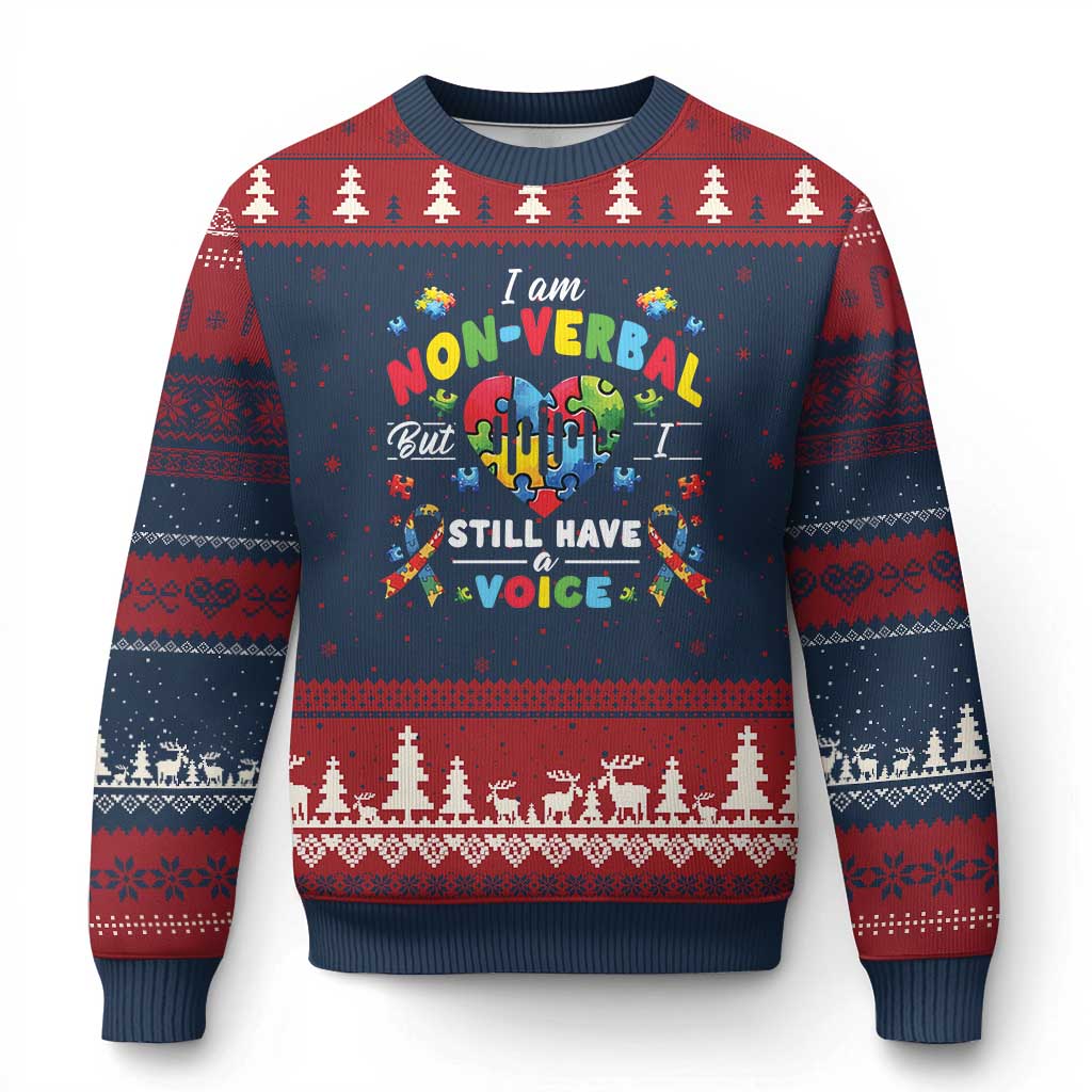 I Am Non Verbal But I Still Have A Voice Autism Awareness Ugly Christmas Sweater Heart Puzzle TS11 Navy Red Print Your Wear