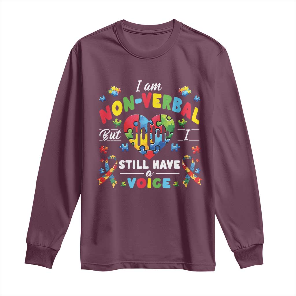 I Am Non Verbal But I Still Have A Voice Autism Awareness Long Sleeve Shirt Heart Puzzle TS11 Maroon Print Your Wear