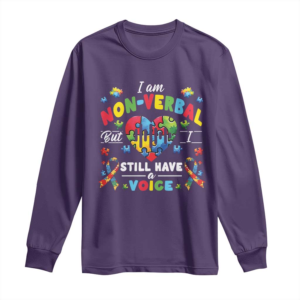 I Am Non Verbal But I Still Have A Voice Autism Awareness Long Sleeve Shirt Heart Puzzle TS11 Purple Print Your Wear