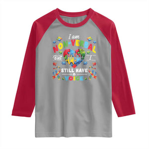I Am Non Verbal But I Still Have A Voice Autism Awareness Raglan Shirt Heart Puzzle TS11 Sport Gray Red Print Your Wear