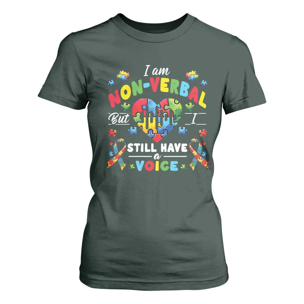 I Am Non Verbal But I Still Have A Voice Autism Awareness T Shirt For Women Heart Puzzle TS11 Dark Forest Green Print Your Wear