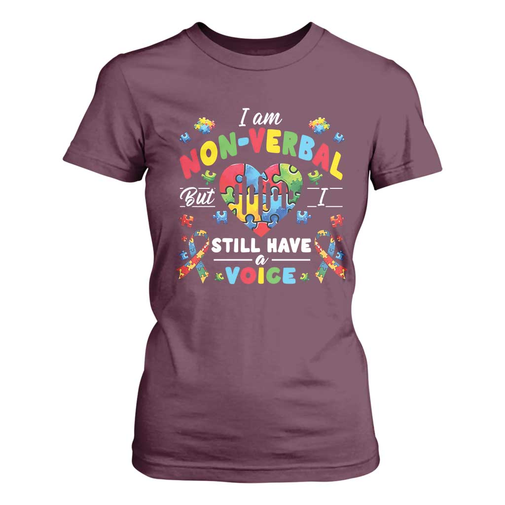 I Am Non Verbal But I Still Have A Voice Autism Awareness T Shirt For Women Heart Puzzle TS11 Maroon Print Your Wear
