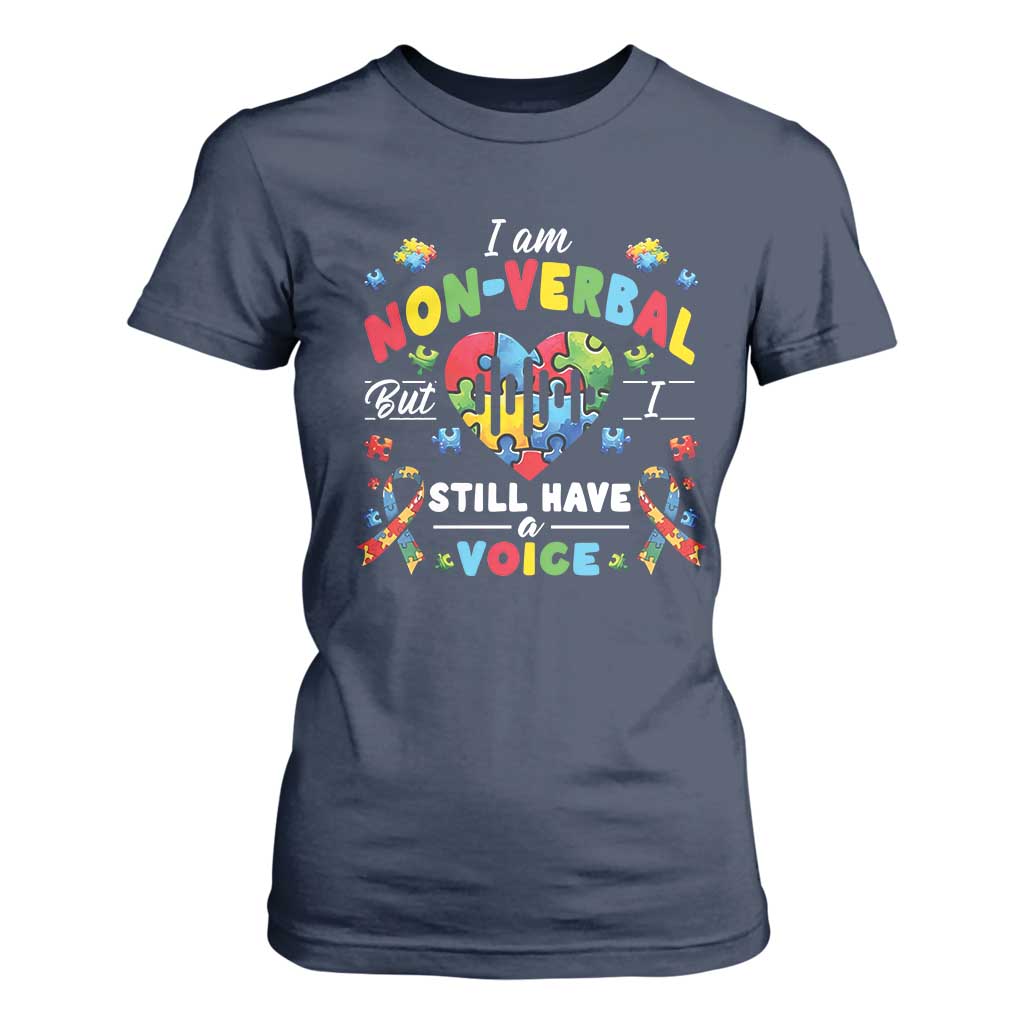 I Am Non Verbal But I Still Have A Voice Autism Awareness T Shirt For Women Heart Puzzle TS11 Navy Print Your Wear