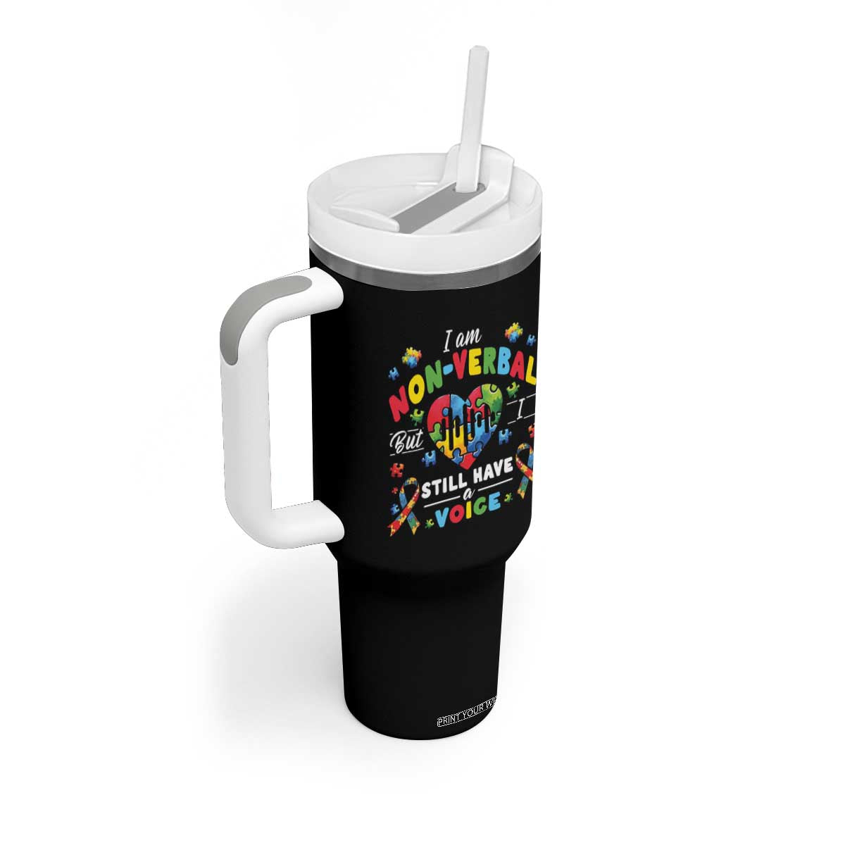 I Am Non Verbal But I Still Have A Voice Autism Awareness Tumbler With Handle Heart Puzzle TS11 Print Your Wear