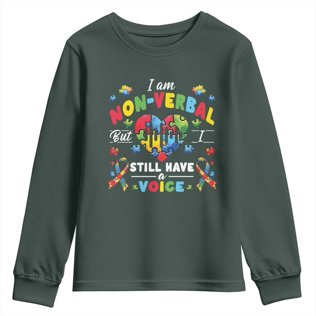 I Am Non Verbal But I Still Have A Voice Autism Awareness Youth Sweatshirt Heart Puzzle TS11 Dark Forest Green Print Your Wear