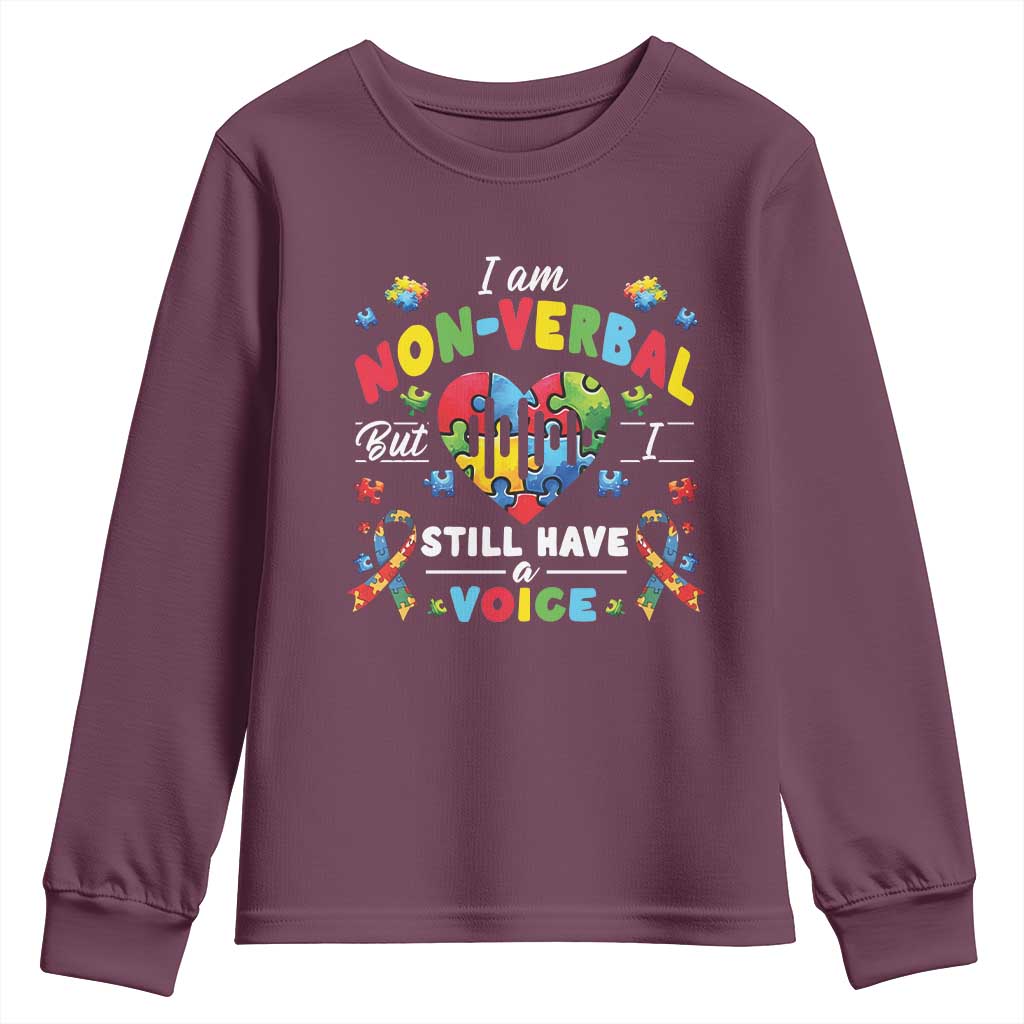 I Am Non Verbal But I Still Have A Voice Autism Awareness Youth Sweatshirt Heart Puzzle TS11 Maroon Print Your Wear