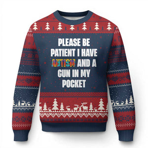 Funny Please Be Patient I Have Autism And A Gun In My Pocket Ugly Christmas Sweater Autism Awareness TS11 Navy Red Print Your Wear