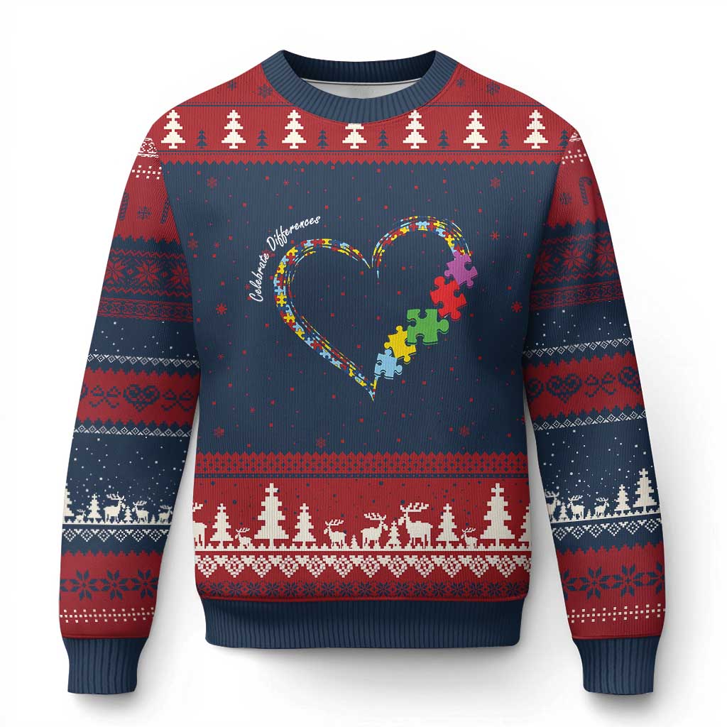 Autism Awareness Celebrate Differences Ugly Christmas Sweater Love Heart Puzzle Pieces TS11 Navy Red Print Your Wear