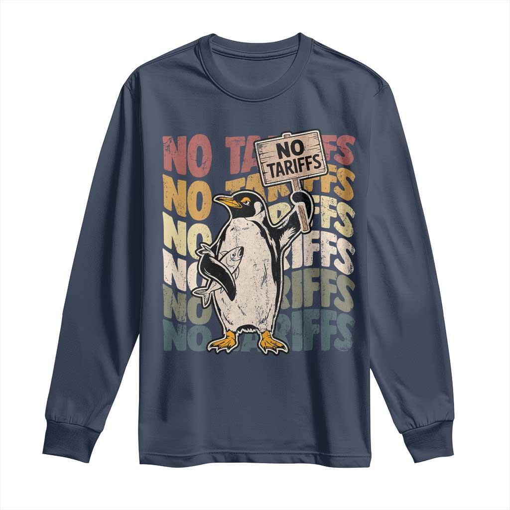 Funny Resist Penguins Long Sleeve Shirt No Tariffs On Penguin TS11 Navy Print Your Wear