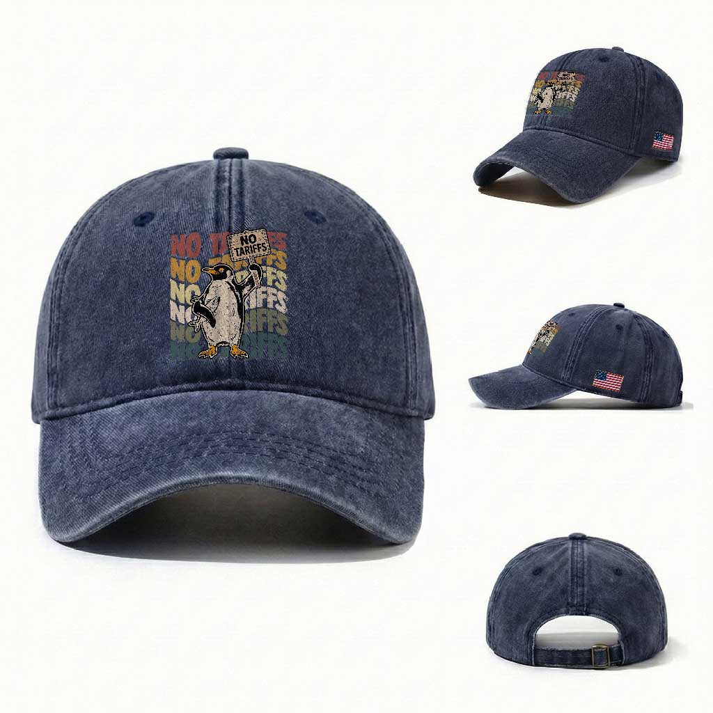Funny Resist Penguins Washed Cotton Baseball Cap No Tariffs On Penguin TS11 Washed Cap Universal Fit Navy Print Your Wear