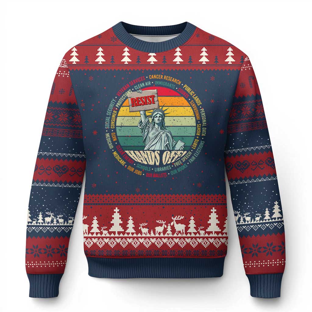 Funny Hands Off Ugly Christmas Sweater Resist Vintage Statue Of Liberty TS11 Navy Red Print Your Wear