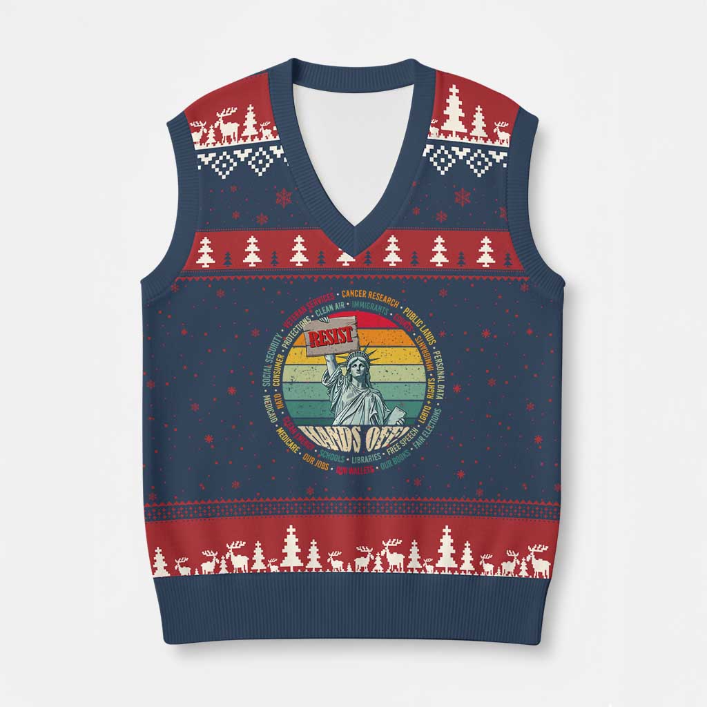 Funny Hands Off V-Neck Knit Sweater Vest Resist Vintage Statue Of Liberty TS11 Navy Red Print Your Wear