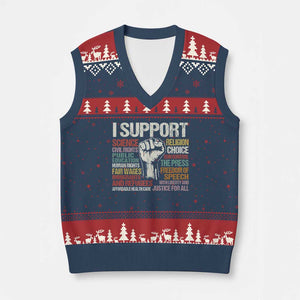 I Support Progressive Liberal Human Rights V-Neck Knit Sweater Vest Vintage Hand Fist TS11 Navy Red Print Your Wear