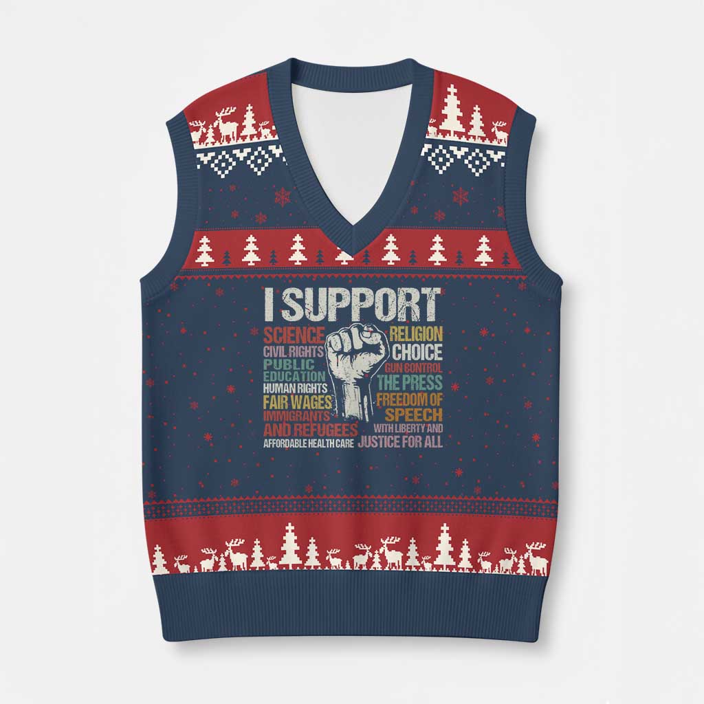 I Support Progressive Liberal Human Rights V-Neck Knit Sweater Vest Vintage Hand Fist TS11 Navy Red Print Your Wear