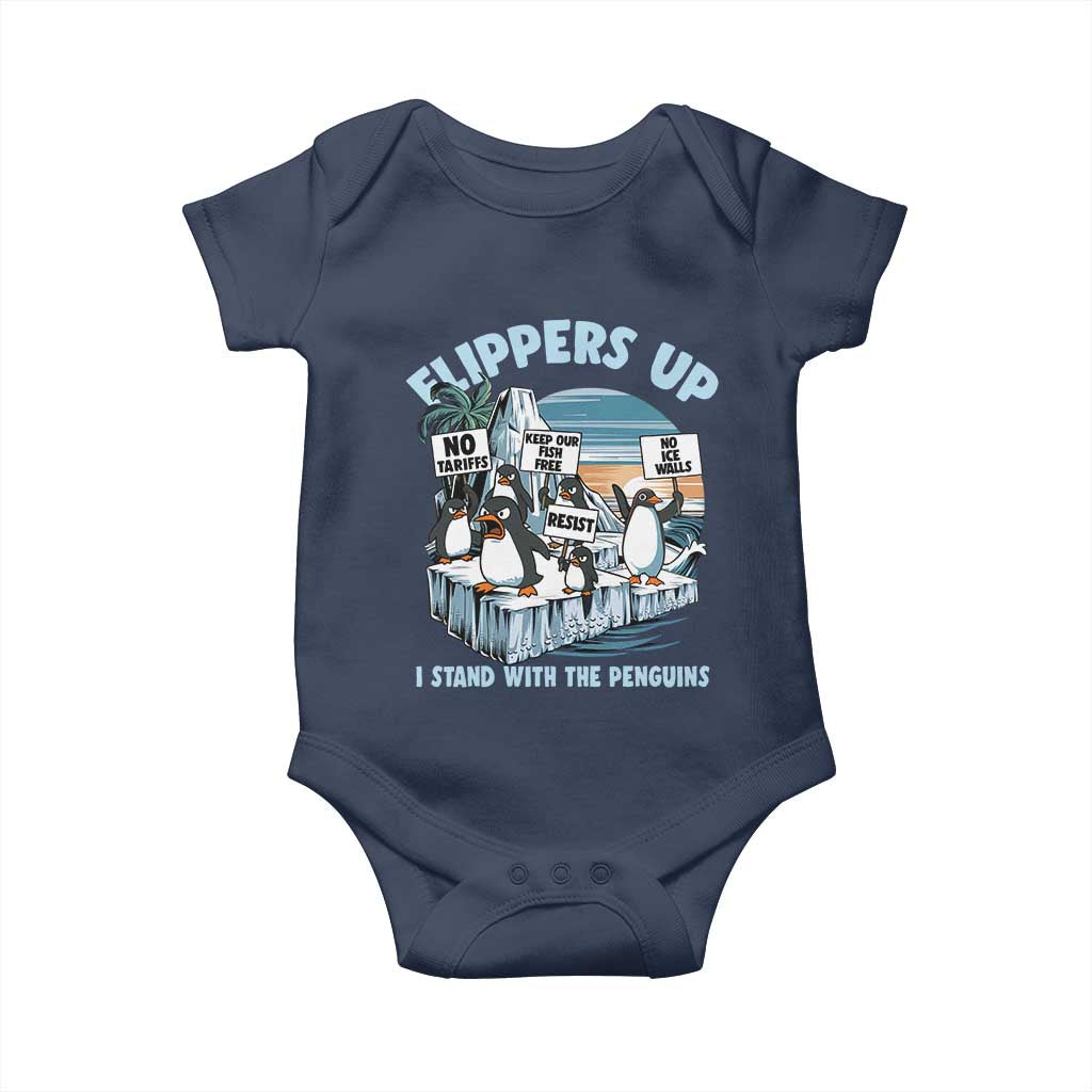 Flippers Up I Stand With The Peinguins Baby Onesie Penguins Tariff Resist TS11 Navy Print Your Wear