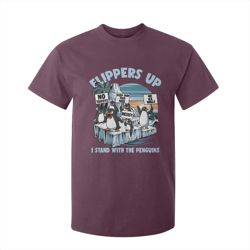 Flippers Up I Stand With The Peinguins T Shirt For Kid Penguins Tariff Resist TS11 Maroon Print Your Wear