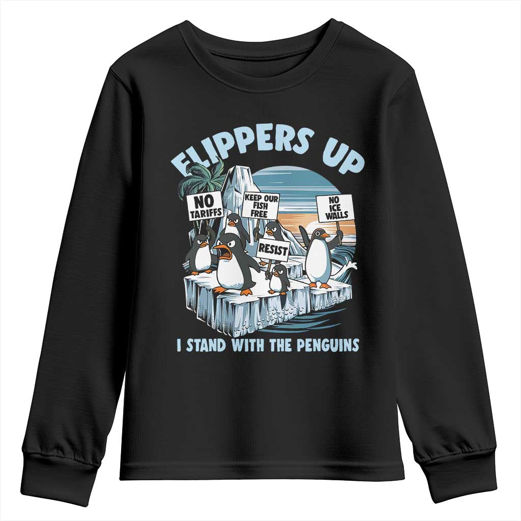 Flippers Up I Stand With The Peinguins Youth Sweatshirt Penguins Tariff Resist TS11 Black Print Your Wear