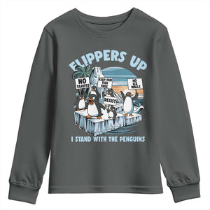 Flippers Up I Stand With The Peinguins Youth Sweatshirt Penguins Tariff Resist TS11 Dark Heather Print Your Wear