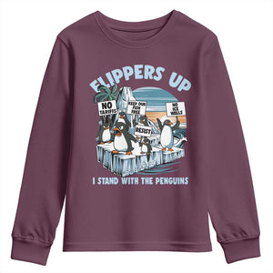 Flippers Up I Stand With The Peinguins Youth Sweatshirt Penguins Tariff Resist TS11 Maroon Print Your Wear