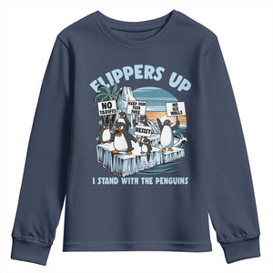 Flippers Up I Stand With The Peinguins Youth Sweatshirt Penguins Tariff Resist TS11 Navy Print Your Wear