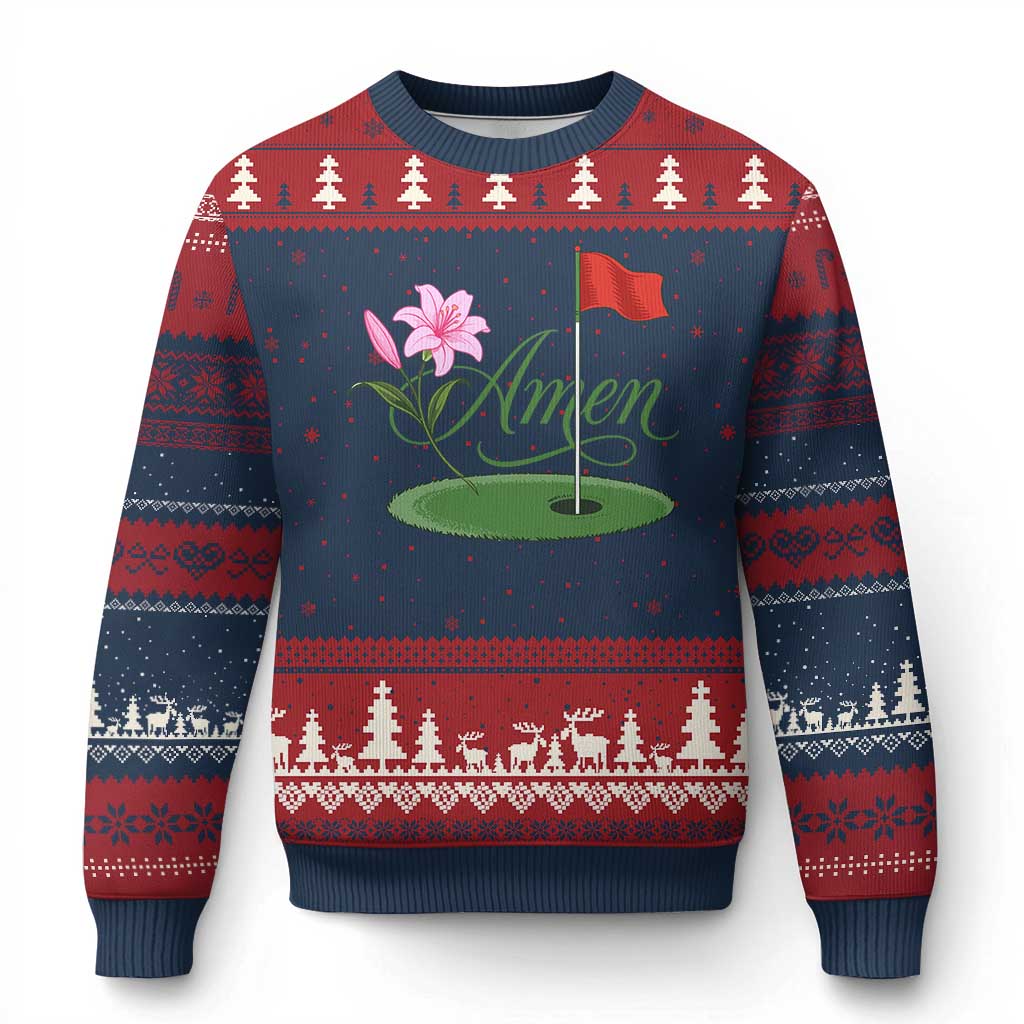 Amen Funny Golf Ugly Christmas Sweater Azalea Floral Augusta Georgia for Golfers TS11 Navy Red Print Your Wear