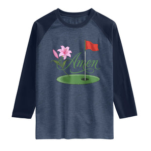 Amen Funny Golf Raglan Shirt Azalea Floral Augusta Georgia for Golfers TS11 Heather Denim Navy Print Your Wear