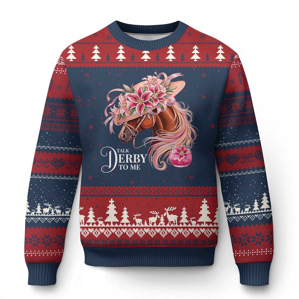 Talk Derby To Me Ugly Christmas Sweater Funny Horse Racing Derby Day Stargazer Lilies TS11 Navy Red Print Your Wear