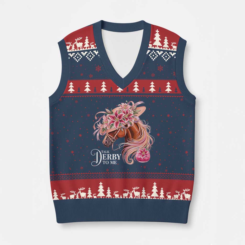 Talk Derby To Me V-Neck Knit Sweater Vest Funny Horse Racing Derby Day Stargazer Lilies TS11 Navy Red Print Your Wear