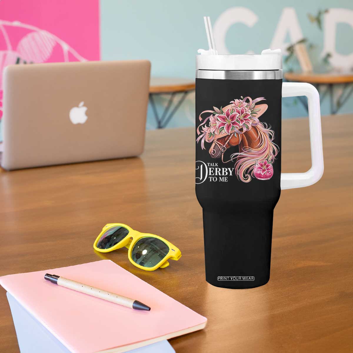Talk Derby To Me Tumbler With Handle Funny Horse Racing Derby Day Stargazer Lilies TS11 Print Your Wear