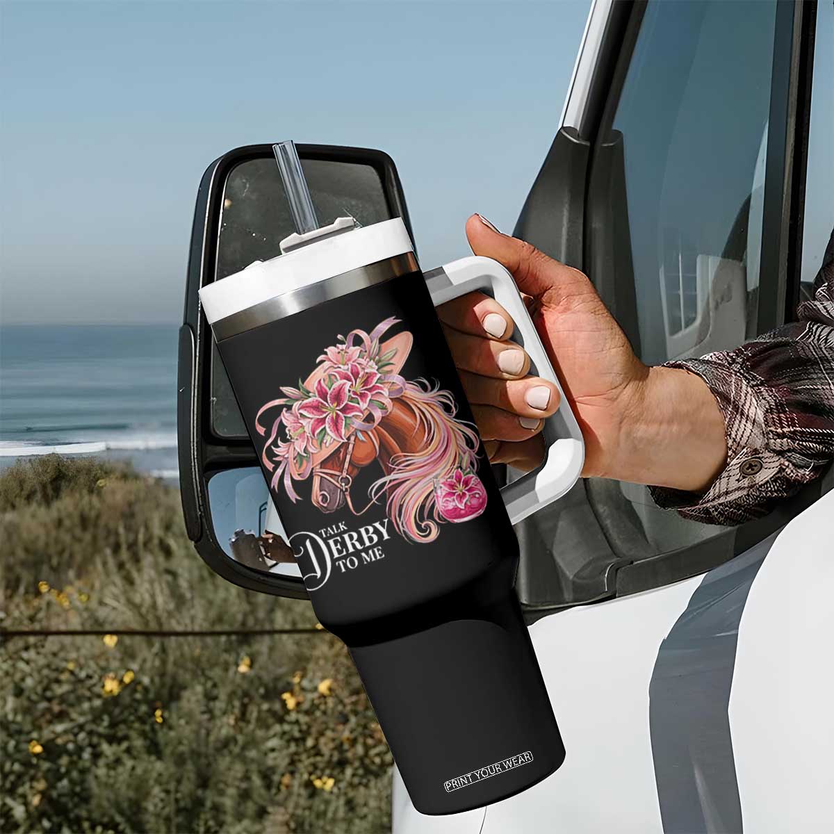 Talk Derby To Me Tumbler With Handle Funny Horse Racing Derby Day Stargazer Lilies TS11 Print Your Wear