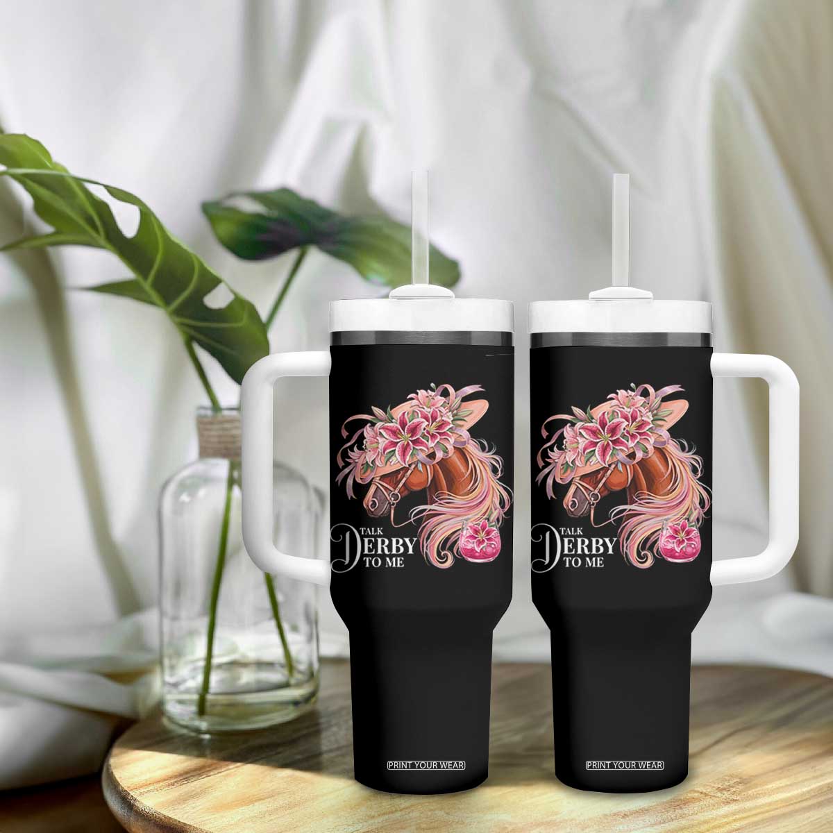 Talk Derby To Me Tumbler With Handle Funny Horse Racing Derby Day Stargazer Lilies TS11 Print Your Wear