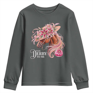 Talk Derby To Me Youth Sweatshirt Funny Horse Racing Derby Day Stargazer Lilies TS11 Dark Heather Print Your Wear