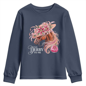 Talk Derby To Me Youth Sweatshirt Funny Horse Racing Derby Day Stargazer Lilies TS11 Navy Print Your Wear