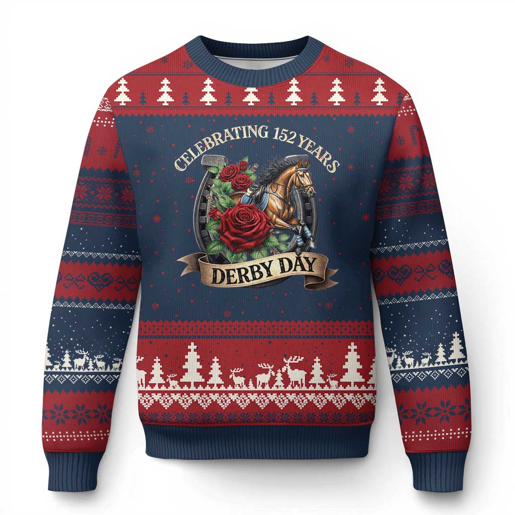 Celebrating 152 Years Derby Day Ugly Christmas Sweater Vintage Horse Racing Roses TS11 Navy Red Print Your Wear