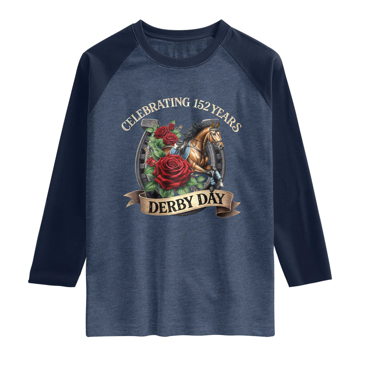 Celebrating 152 Years Derby Day Raglan Shirt Vintage Horse Racing Roses TS11 Heather Denim Navy Print Your Wear