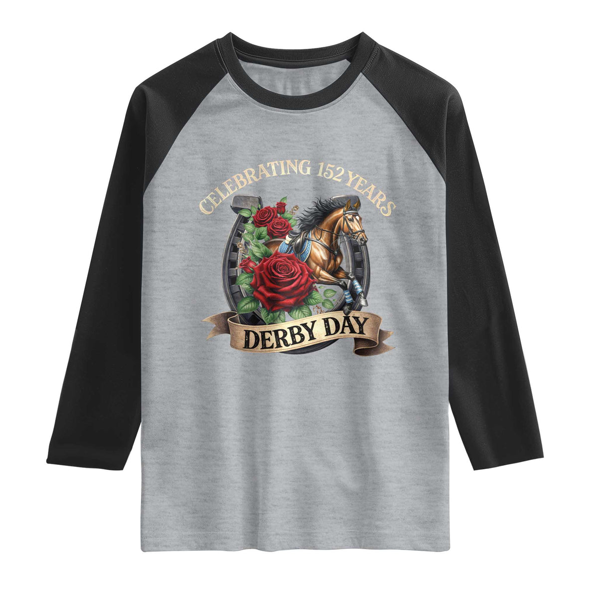 Celebrating 152 Years Derby Day Raglan Shirt Vintage Horse Racing Roses TS11 Heather Gray Black Print Your Wear