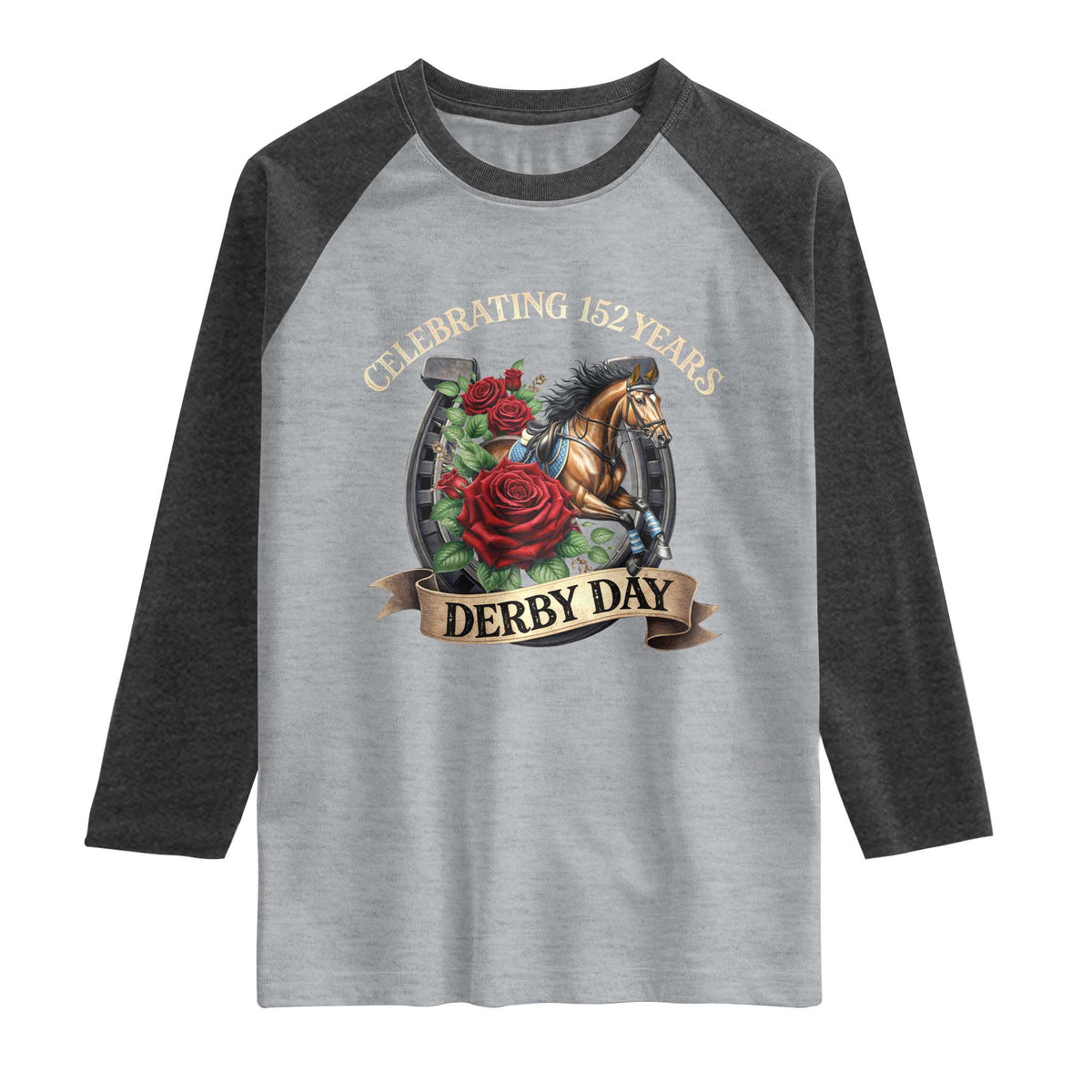 Celebrating 152 Years Derby Day Raglan Shirt Vintage Horse Racing Roses TS11 Heather Gray Heather Charcoal Print Your Wear