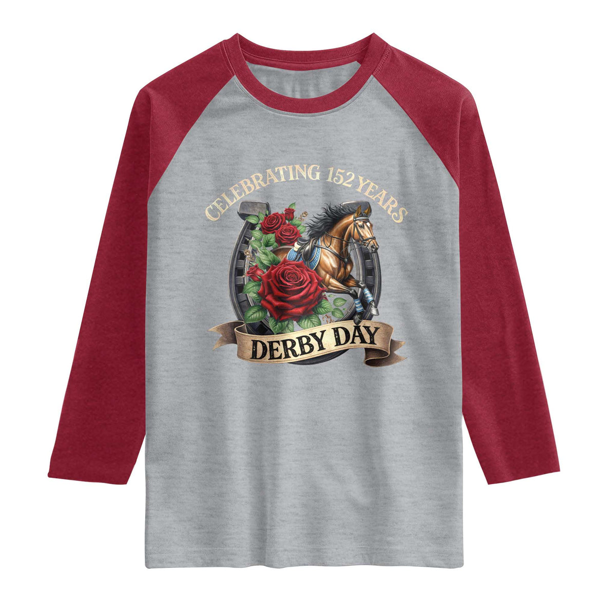 Celebrating 152 Years Derby Day Raglan Shirt Vintage Horse Racing Roses TS11 Heather Gray Heather Red Print Your Wear
