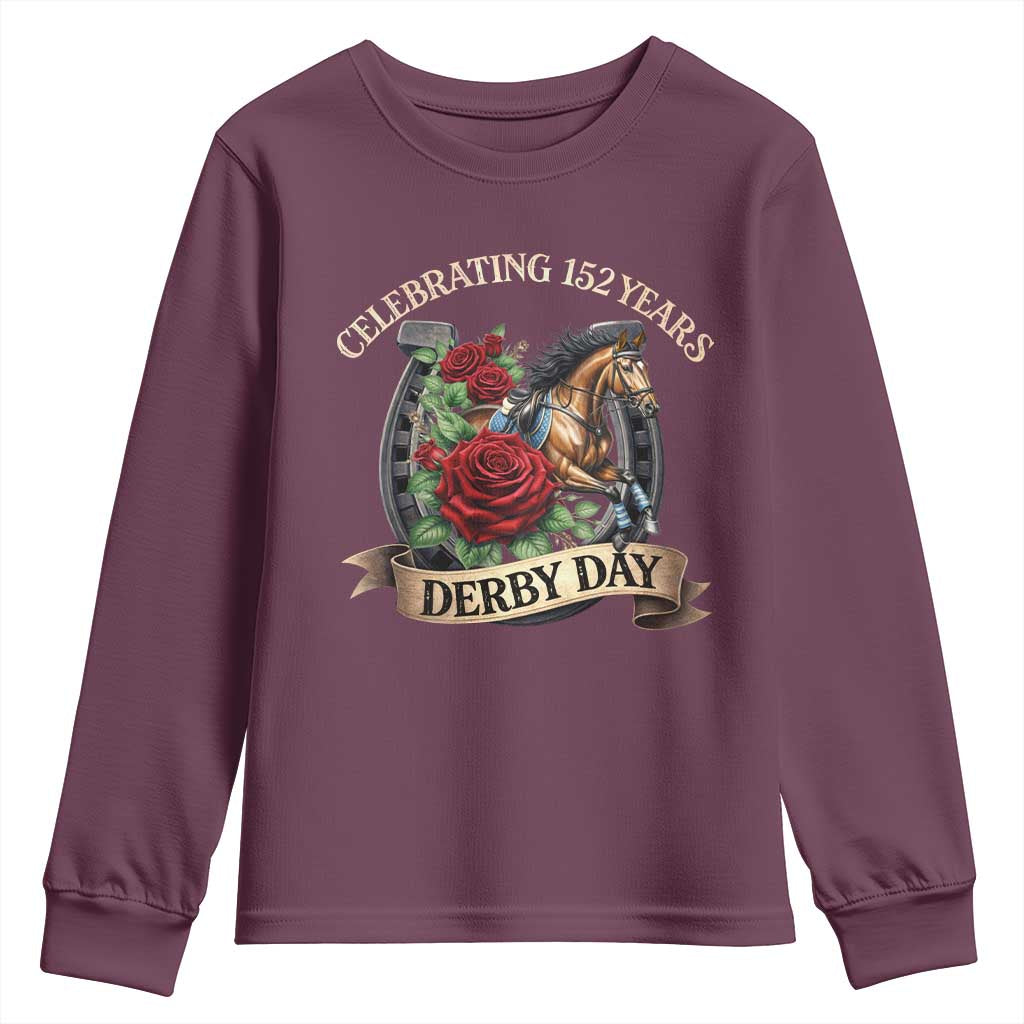 Celebrating 152 Years Derby Day Youth Sweatshirt Vintage Horse Racing Roses TS11 Maroon Print Your Wear