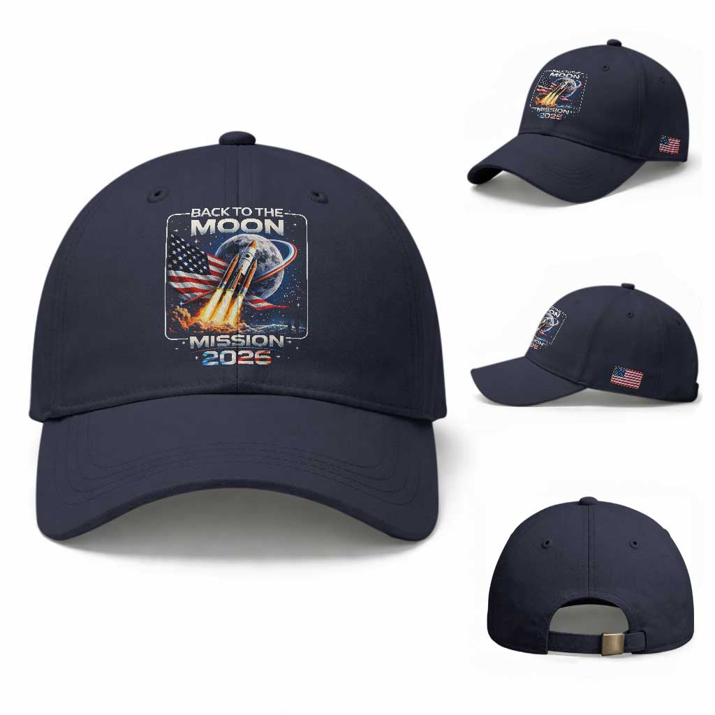Back To The Moon Mission 2026 Baseball Cap Rocket Launch Moon Space Program TS11 Baseball Cap Universal Fit Navy Print Your Wear