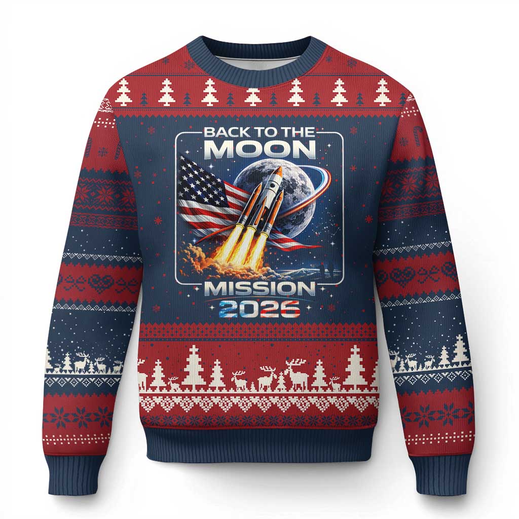 Back To The Moon Mission 2026 Ugly Christmas Sweater Rocket Launch Moon Space Program TS11 Navy Red Print Your Wear