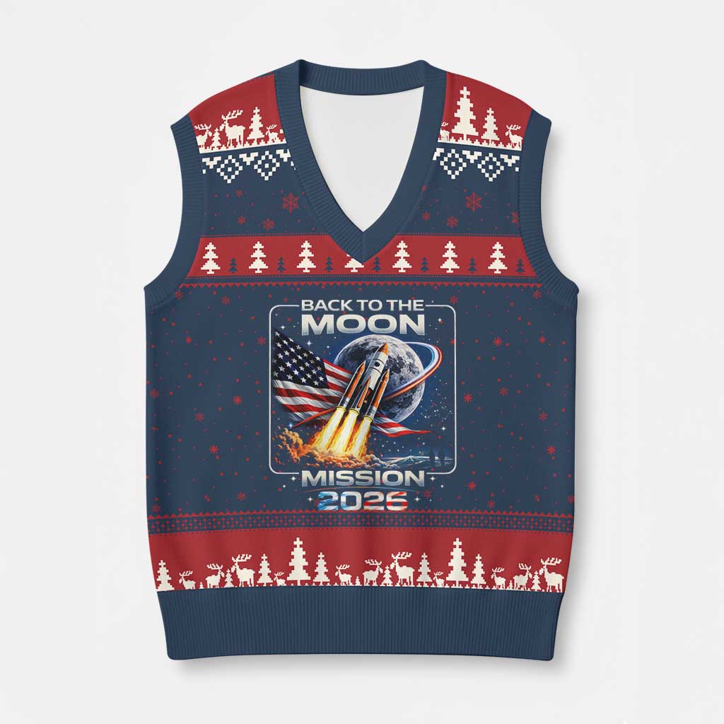 Back To The Moon Mission 2026 V-Neck Knit Sweater Vest Rocket Launch Moon Space Program TS11 Navy Red Print Your Wear