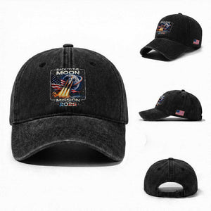 Back To The Moon Mission 2026 Washed Cotton Baseball Cap Rocket Launch Moon Space Program TS11 Washed Cap Universal Fit Black Print Your Wear