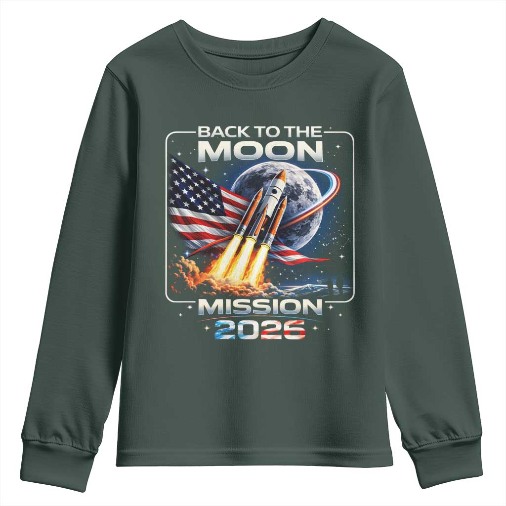 Back To The Moon Mission 2026 Youth Sweatshirt Rocket Launch Moon Space Program TS11 Dark Forest Green Print Your Wear